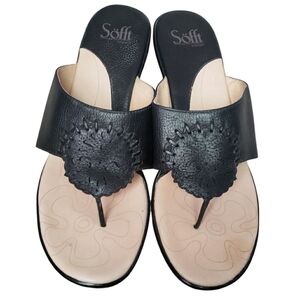 Sofft Sandals Black Womens 9.5  Heeled Thong Comfort Casual Leather Slide Sandal